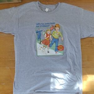 Gildan Gray Short Sleeve Tee with Retro Graphic Let's Runaway From Our problems